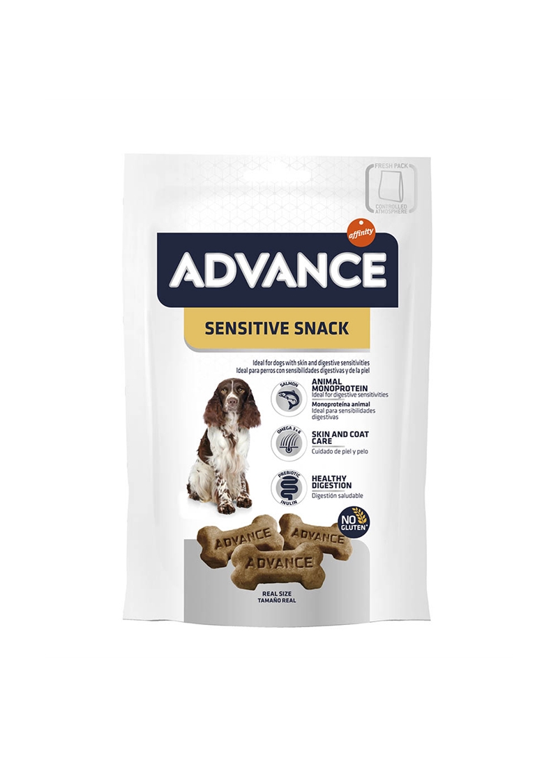 ADVANCE SENSITIVE SNACK 150GR Pacote branco de snacks para cães ADVANCE Sensitive Snack com imagem de cão