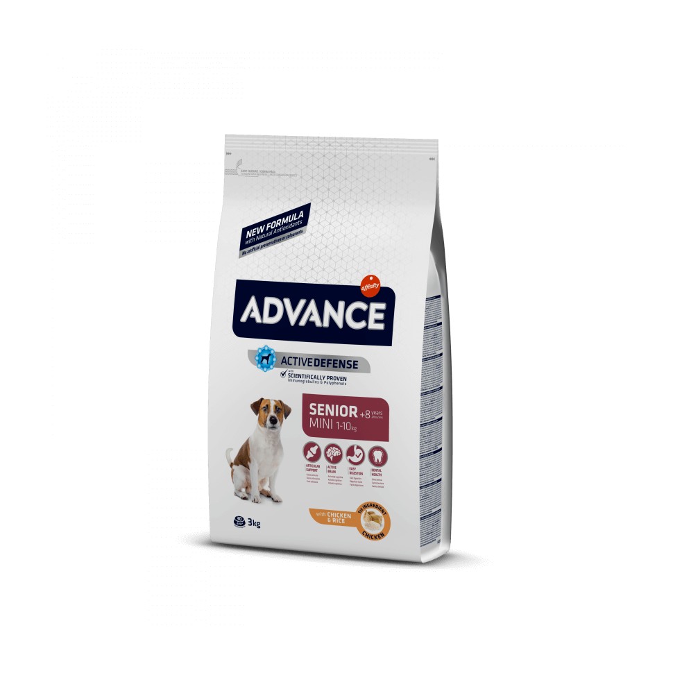 ADVANCE MINI ADULT SENIOR Saco de ração para cães Advance Senior Mini 3 kg, branco com imagem de cão pequeno