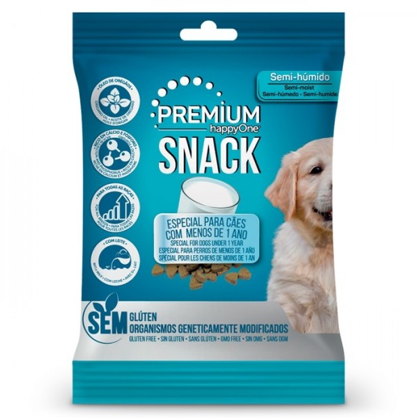 SNACKS HAPPYONE PREMIUM CACHORROS 100GR Embalagem azul de snack semi-húmido para cães com imagem de um cão e texto informativo