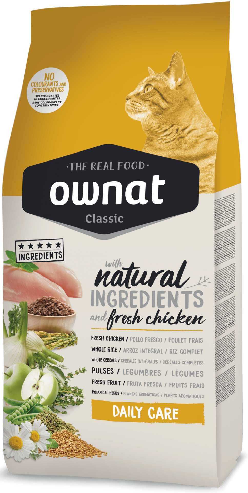 Ownat Classic Daily Care Saco de comida para gatos Ownat Classic com imagens de ingredientes naturais e texto descritivo