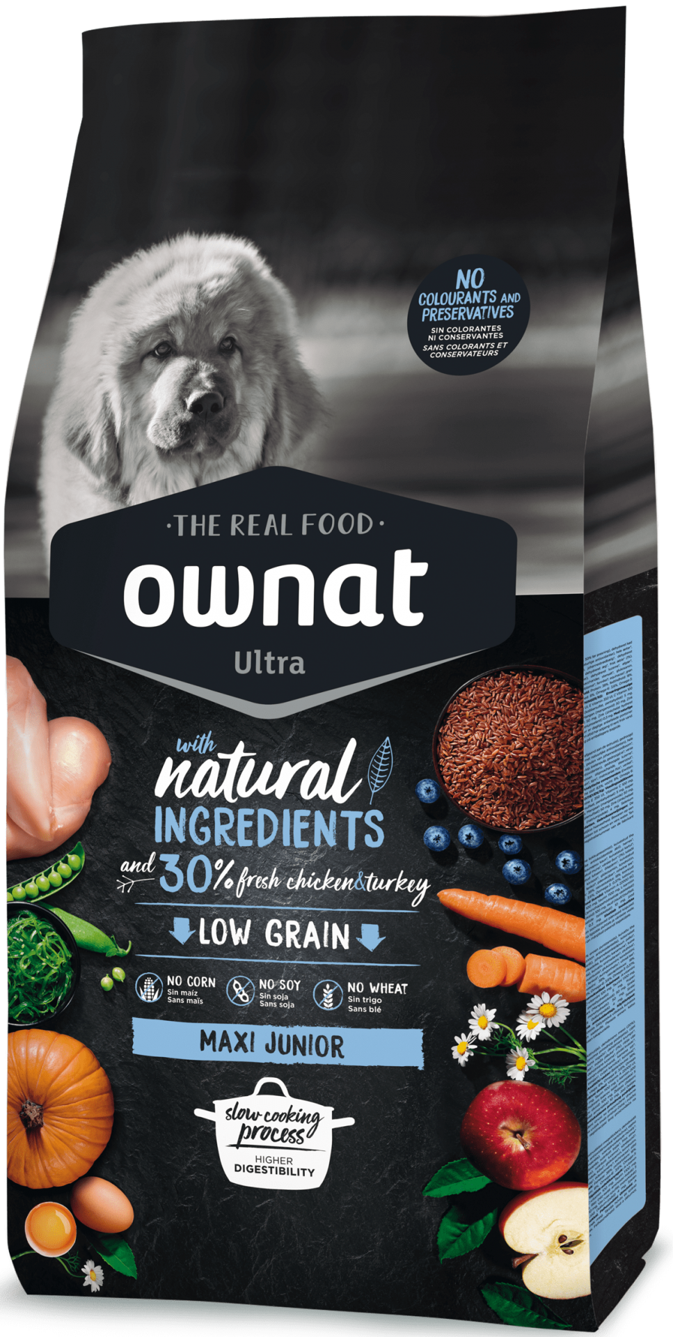 OWNAT ULTRA MAXI JUNIOR Saco de ração Ownat Ultra Maxi Junior com ingredientes naturais e imagem de cão