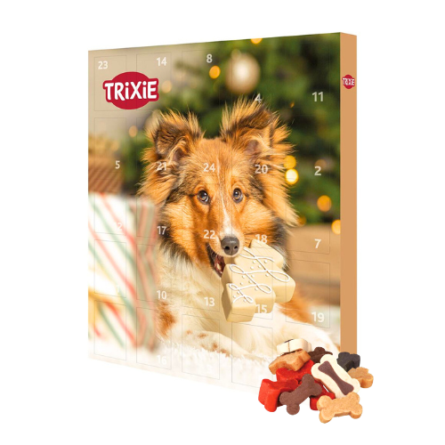 Calendário do advento para cães da TRIXIE com imagem de um cão e biscoitos para cães em forma de ossos