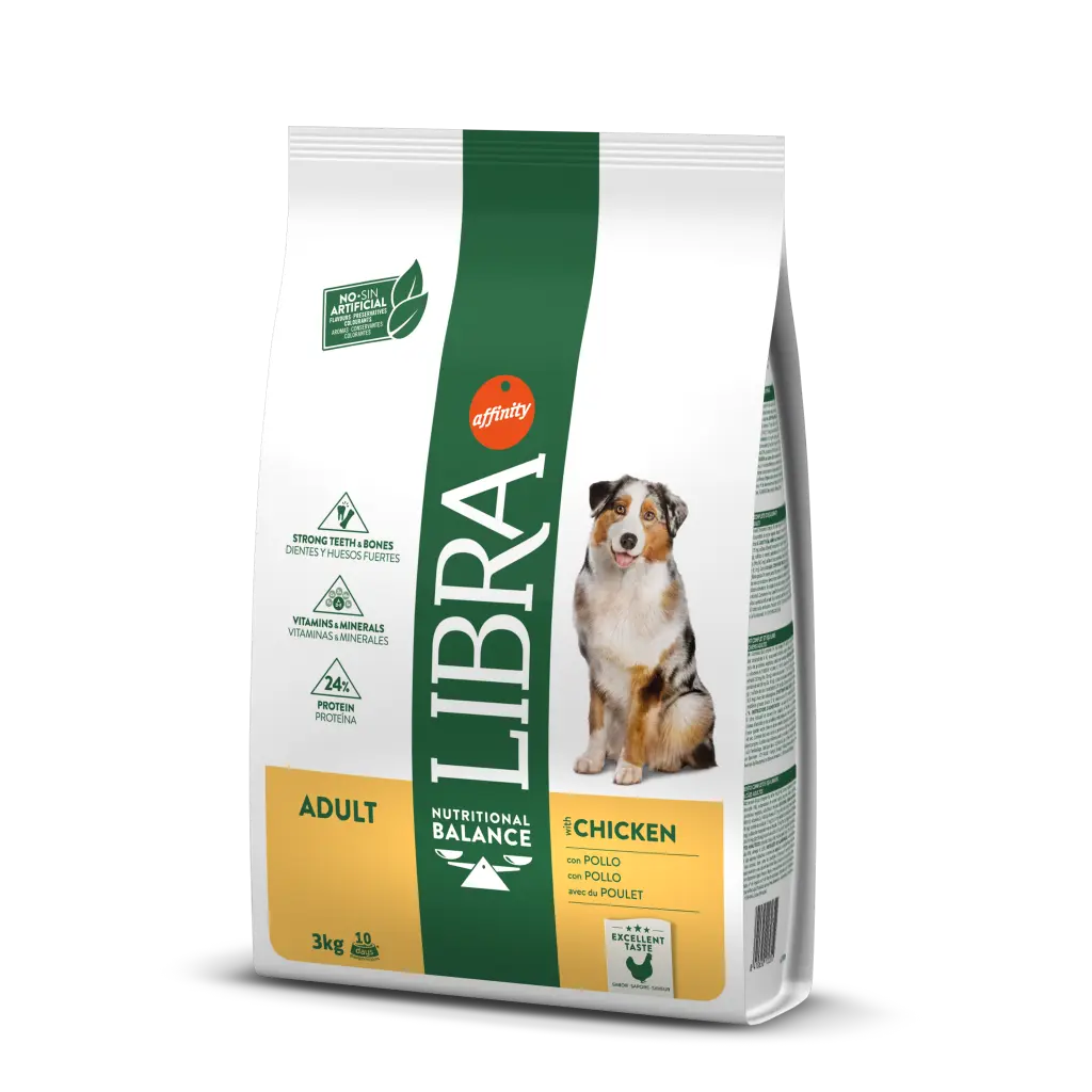 Libra Cão Adulto Frango Saco de ração para cão LIBRA sabor frango 3kg com imagem de cão