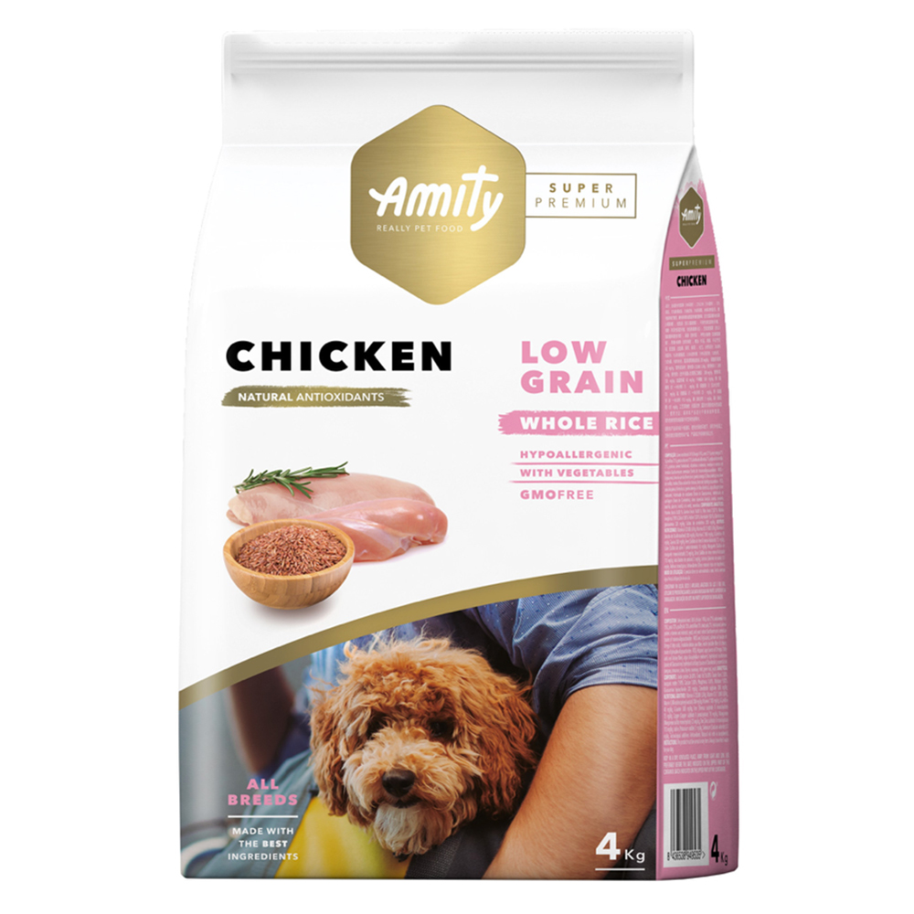 AMITY SUPER PREMIUM (LOW GRAIN) ADULT CHICKEN Saco de ração para cães Amity Super Premium sabor frango 4 kg