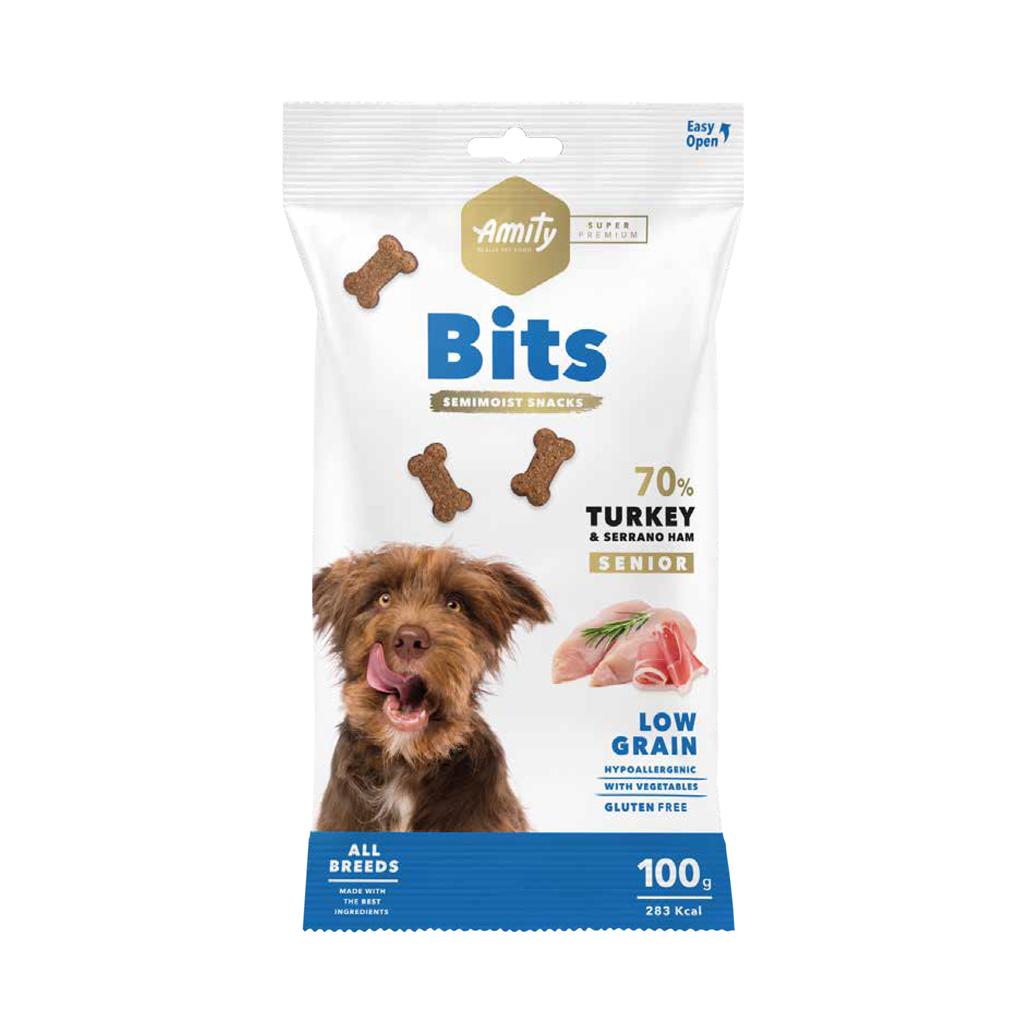 AMITY SUPER PREMIUM BITS 100GR - SENIOR Embalagem de snacks para cães Amity Bits 70% turkey & serrano ham, senior, low grain, 100g