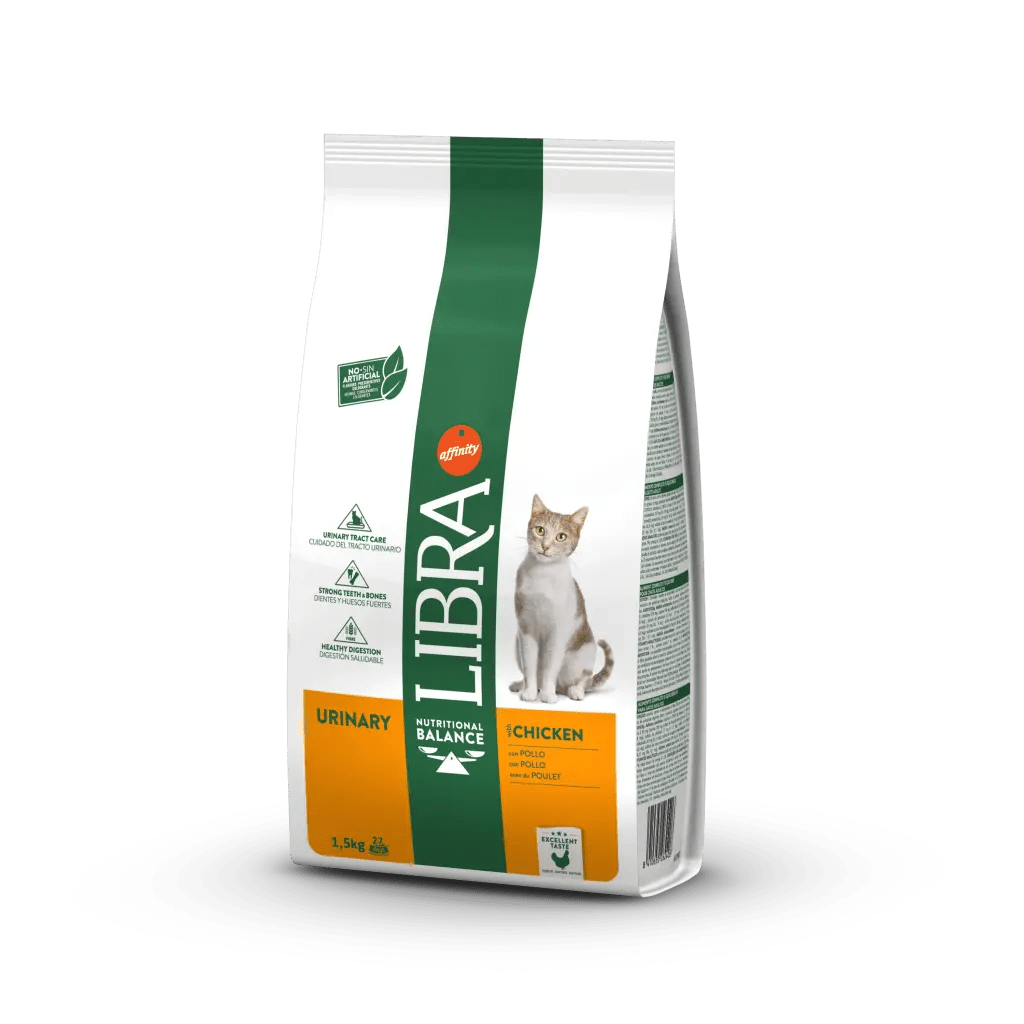 Libra Gato Urinary Frango Saco branco e verde de comida para gato marca LIBRA com gato impresso