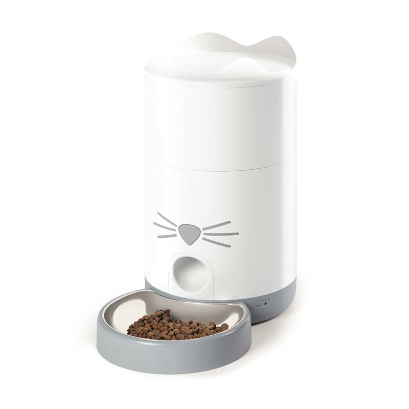 Comedoro automático Catit Pixi Smart Dispensador automático de ração para gatos branco com prato cinza e croquetes