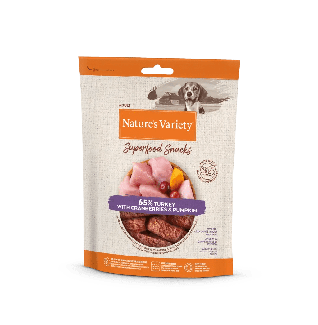 Superfood Snacks de peru - NATURE'S VARIETY 85GR Pacote de snacks para cães sabor peru com arandos e abóbora da Nature's Variety