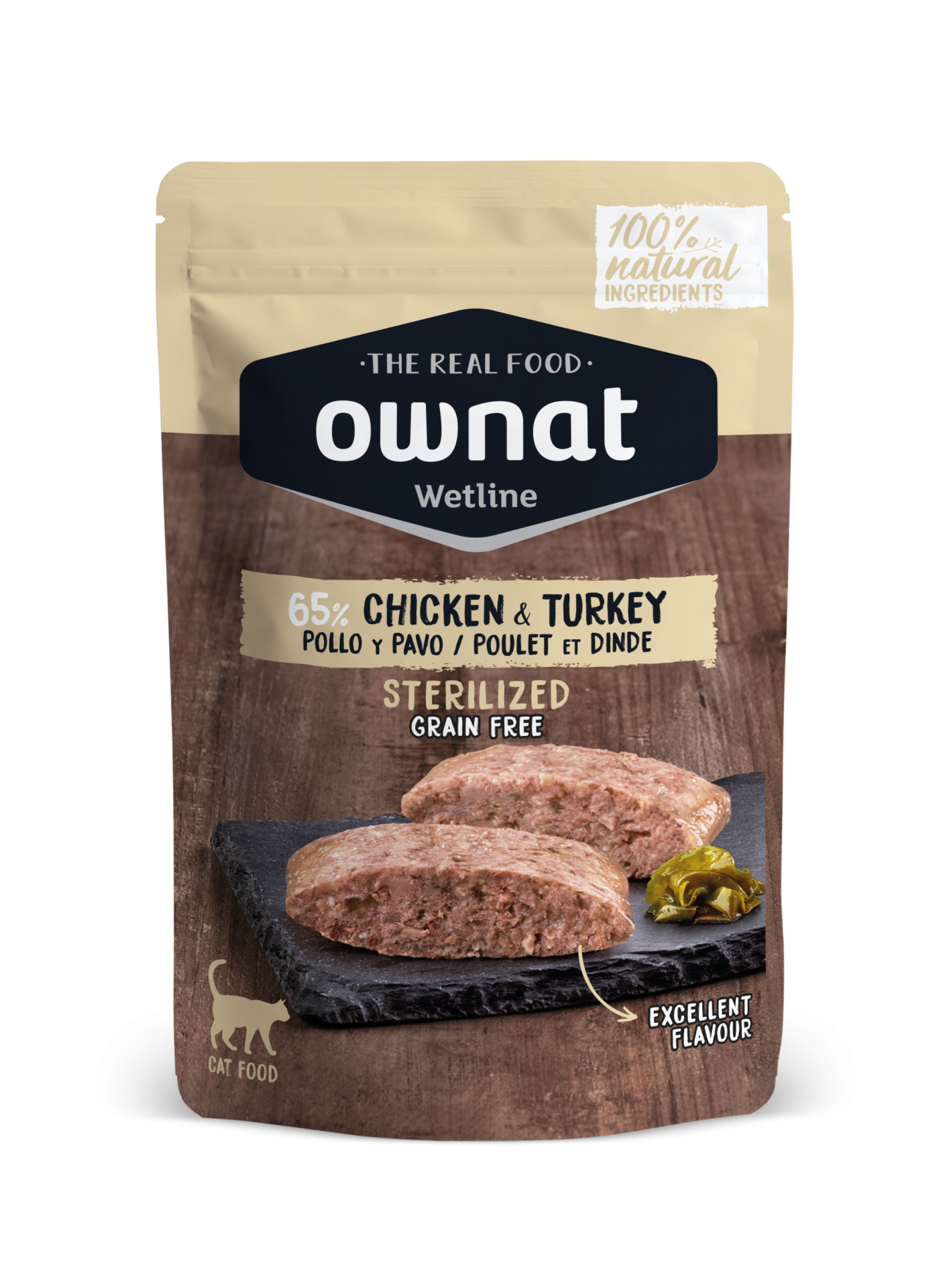 OWNAT CAT STERILIZED CHICKEN & TURKEY 85GR Embalagem de comida húmida para gatos Ownat Wetline frango e peru, esterilizada e sem cereais