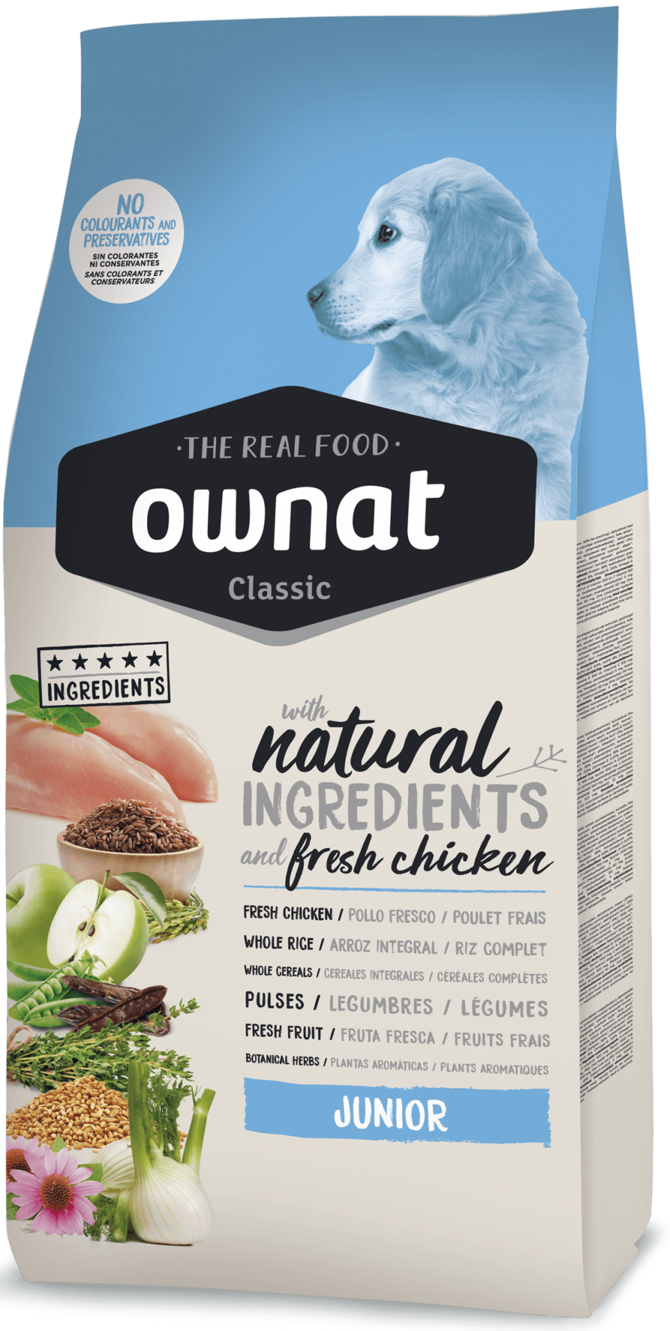 Ownat Classic Junior Pacote de ração Ownat Classic Junior com ingredientes naturais e imagem de cão branco
