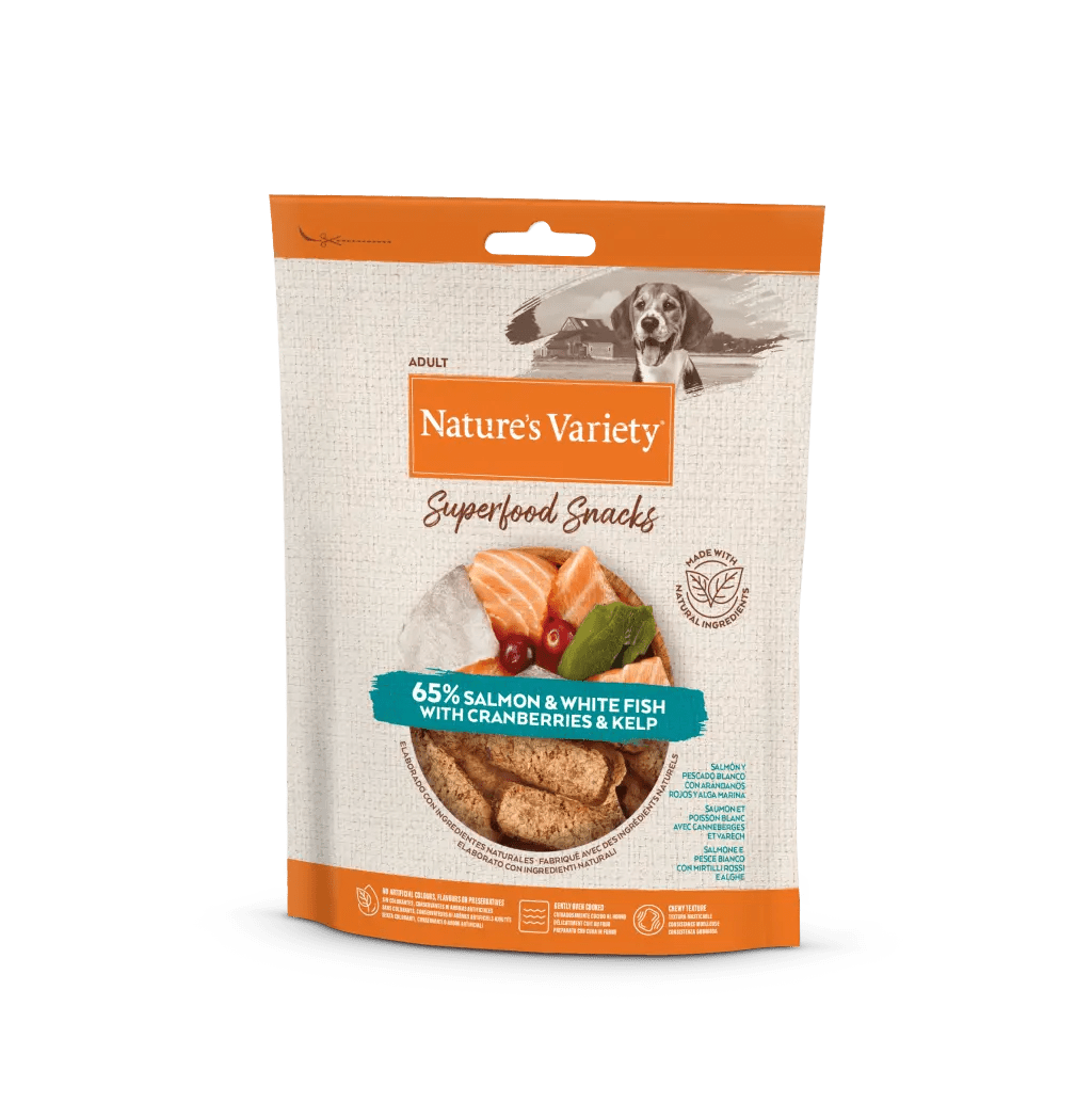 Superfood Snacks de salmão e peixe branco - NATURE'S VARIETY 85GR Embalagem de snack para cães Nature's Variety com salmão, peixe branco, cranberry e kelp
