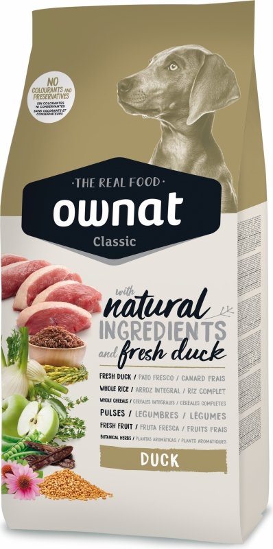 Ownat Classic Duck Embalagem de ração Ownat Classic com imagem de cão e ingredientes naturais