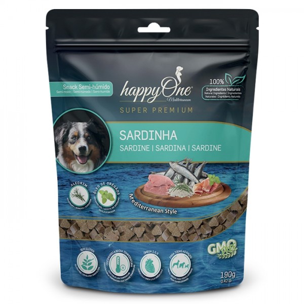HAPPYONE Mediterraneum Snacks Sardinha 190GR Embalagem azul e preta de snacks para cães sabor sardinha happyOne Super Premium 190g