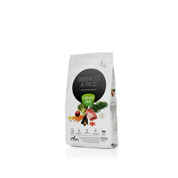 Natura Diet Ibérico & Rice Embalagem branca de alimento para animais Iberico & Rice 500g da Natura diet