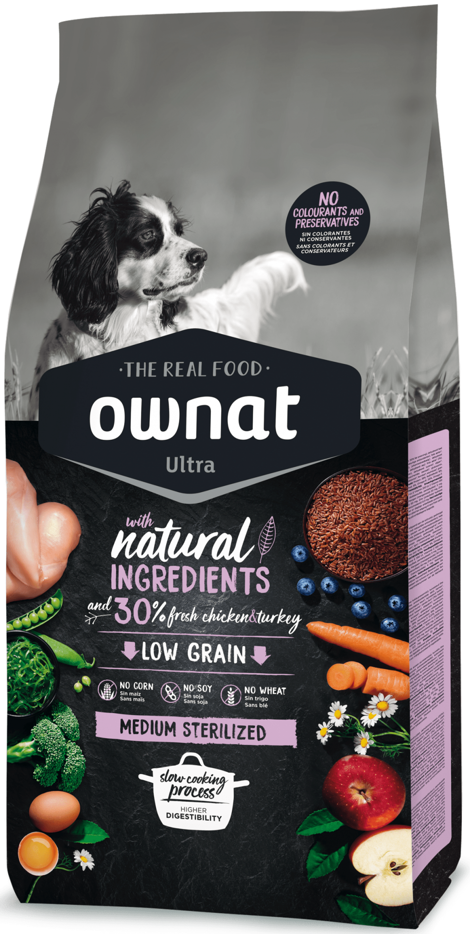 OWNAT ULTRA MEDIUM STERILIZED Saco de ração Ownat Ultra para cães com imagem de cão e ingredientes naturais