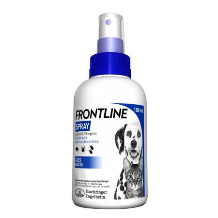 Frontline Spray Frasco de spray branco FRONTLINE com tampa azul e imagens de cão e gato