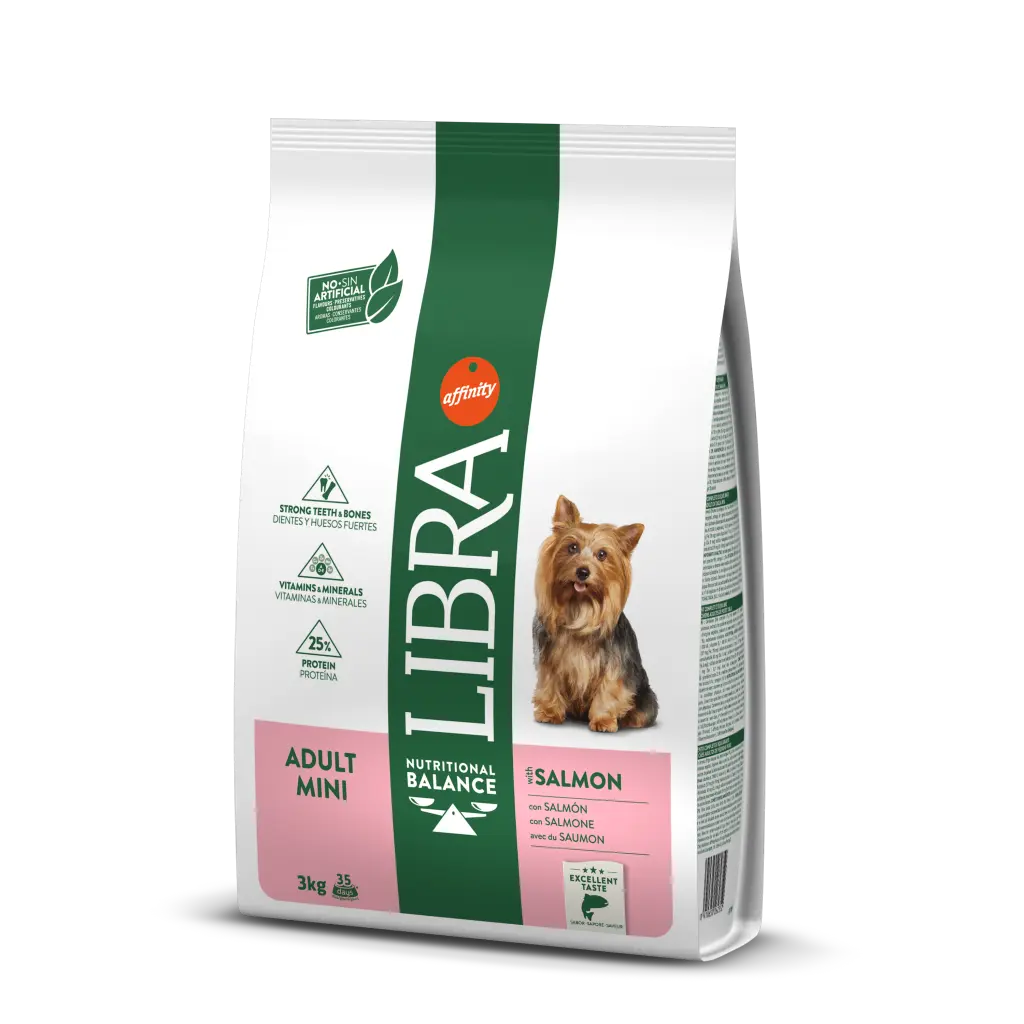 Libra Cão Adulto Mini Salmão Embalagem de alimento para cães Libra Adult Mini sabor Salmão, com imagem de um cão Yorkshire Terrier.