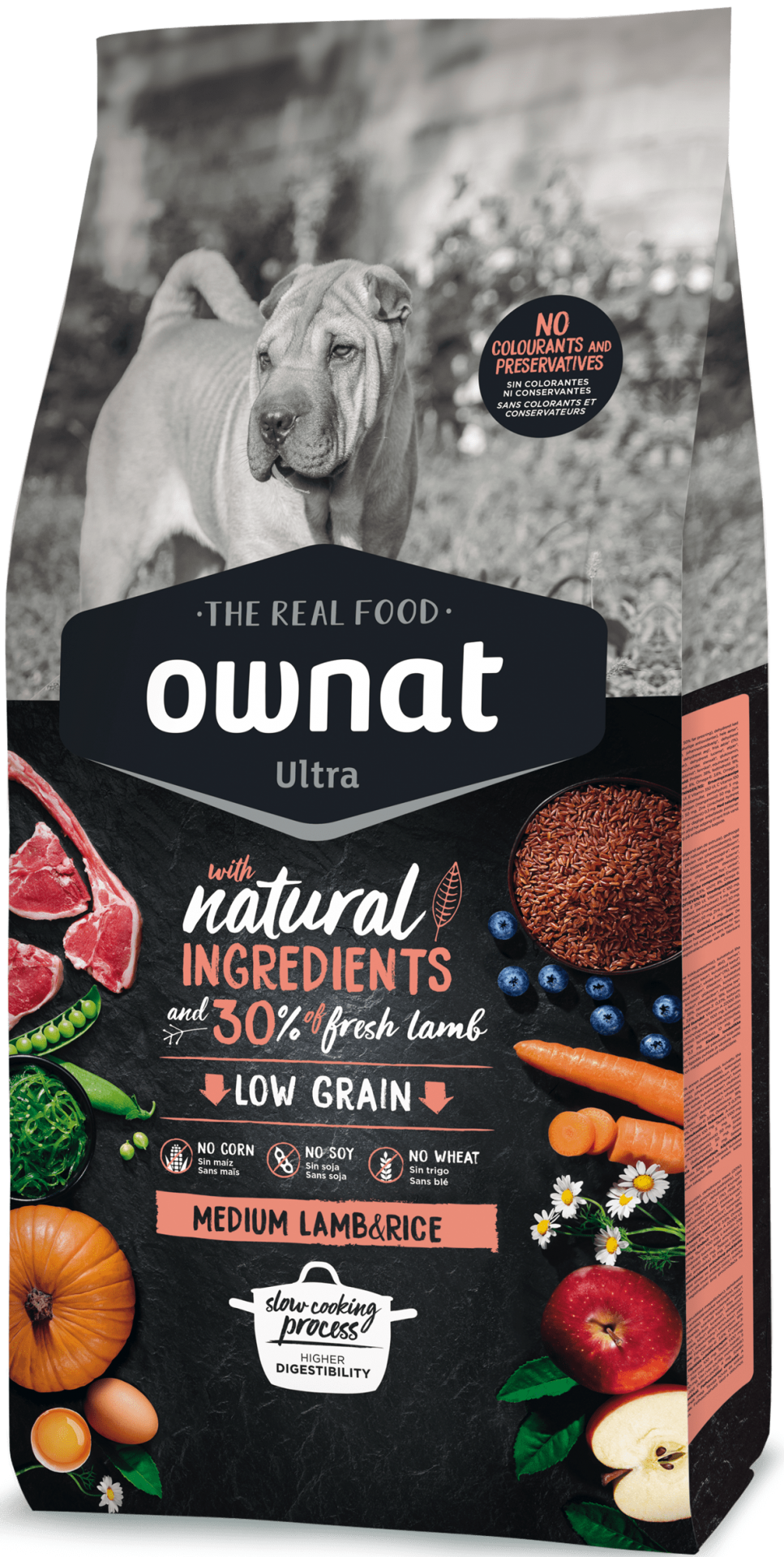 OWNAT ULTRA MEDIUM LAMB & RICE Saco de ração para cães Ownat Ultra com descrição dos ingredientes e imagem de cão