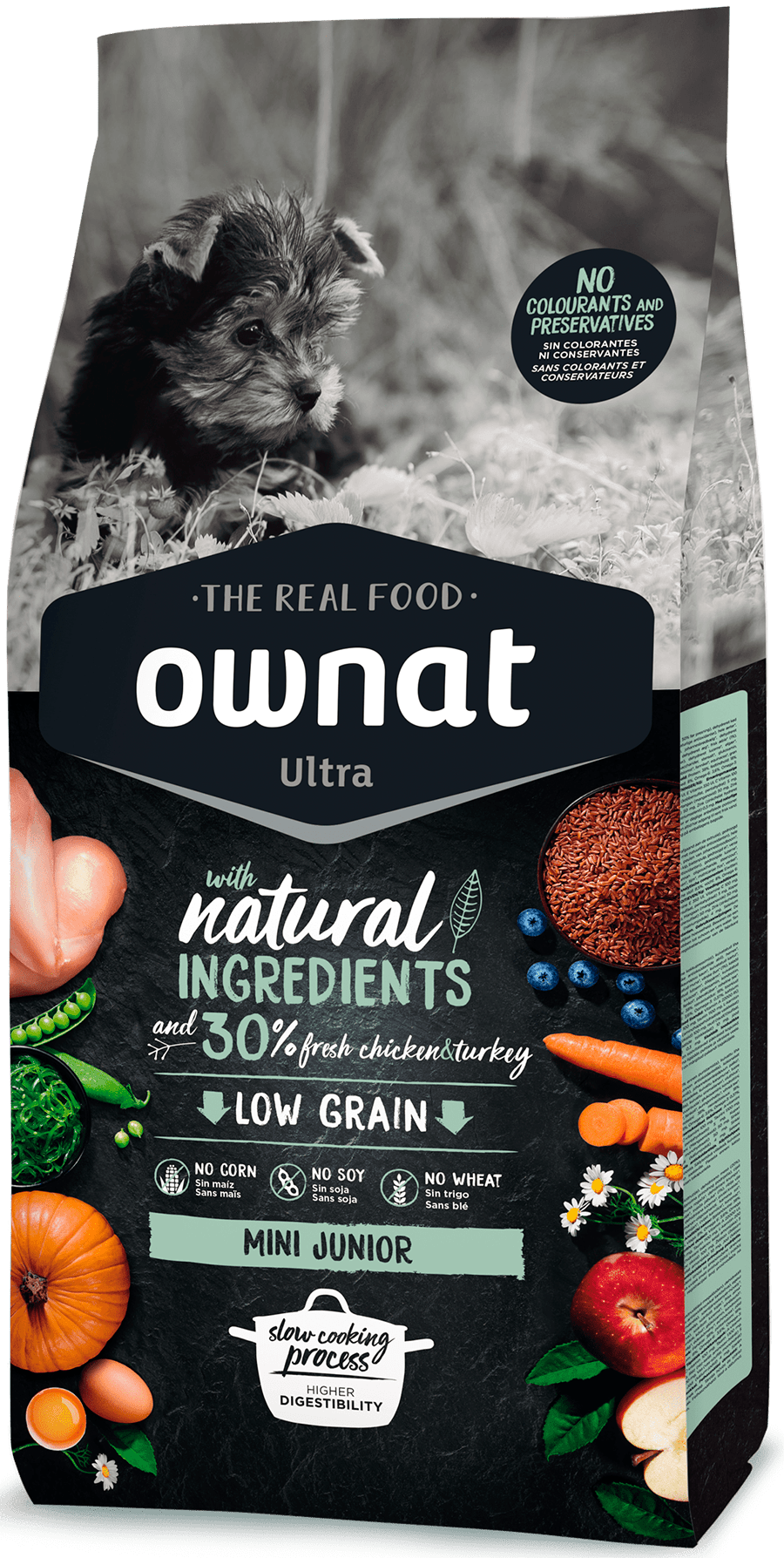 OWNAT ULTRA MINI JUNIOR Saco de ração Ownat Ultra Mini Junior com ingredientes naturais e imagem de cão