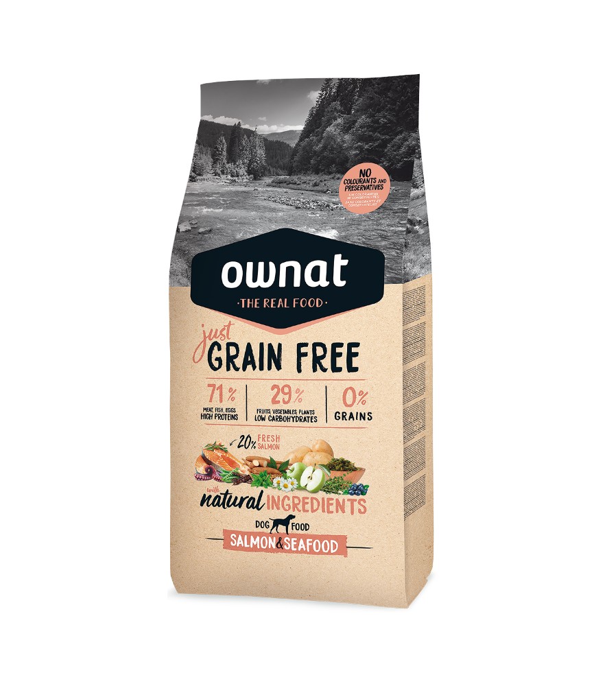 OWNAT GRAIN FREE JUST Adult Salmon&Seafood Saco de ração Ownat para cães sem cereais, sabor salmão e marisco