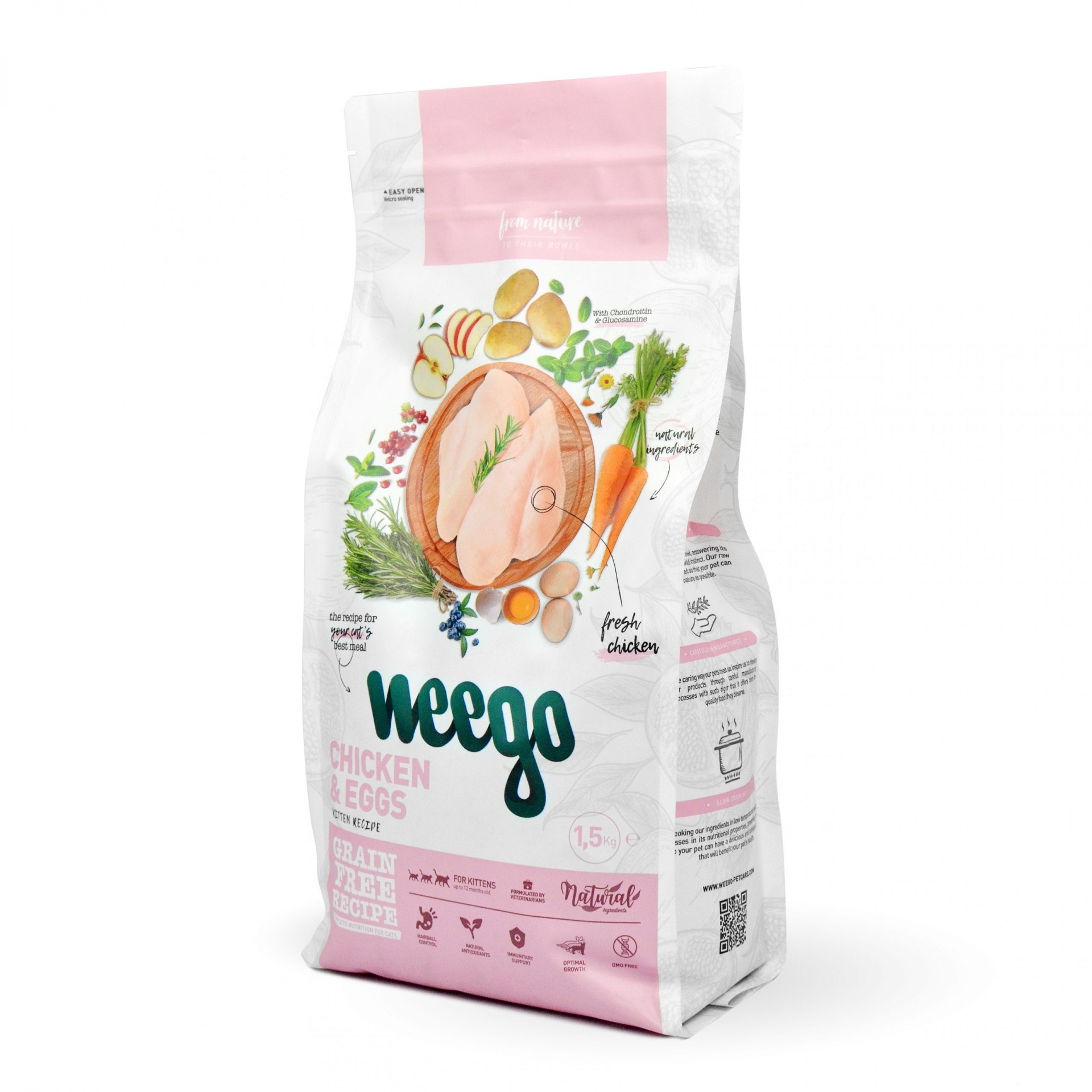 Weego Gatinho Frango e Ovos Embalagem da ração para cães Meego Chicken & Eggs em branco e rosa