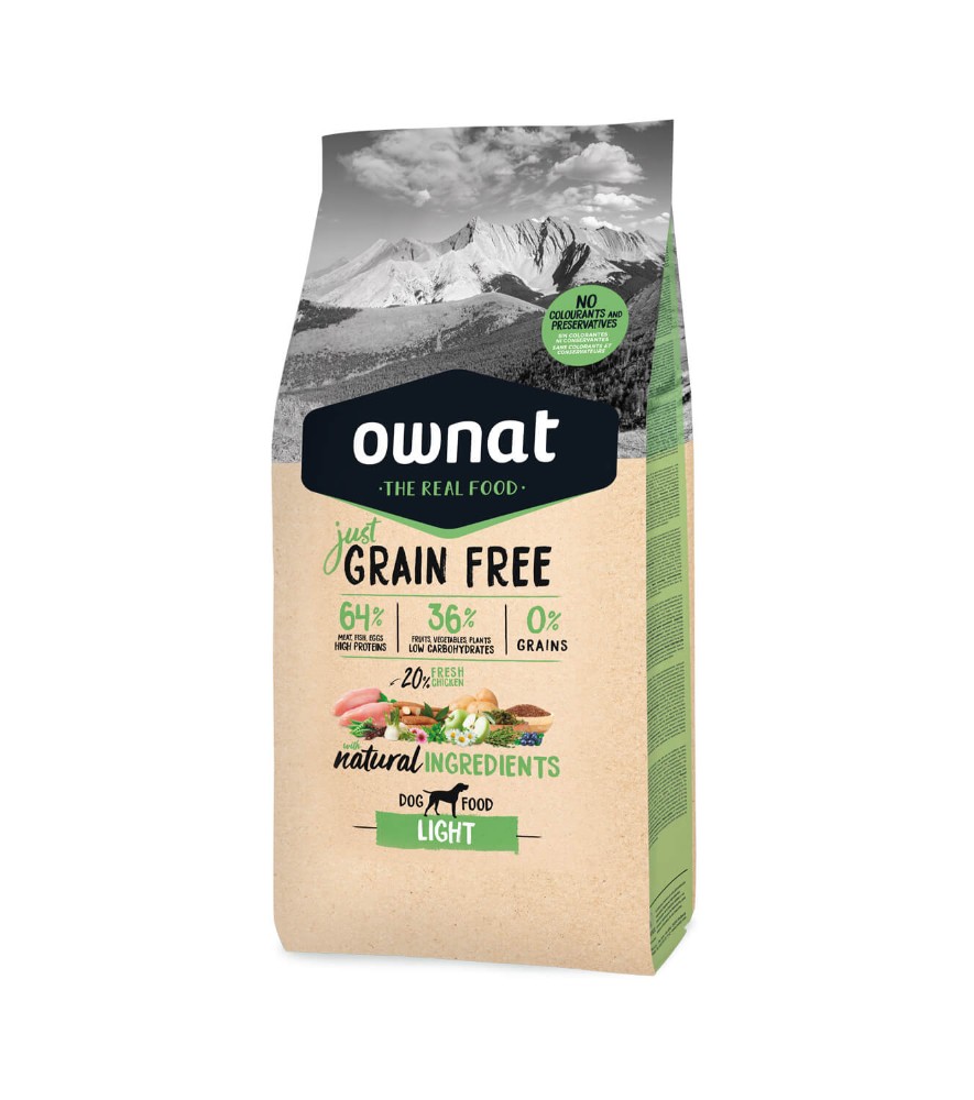 OWNAT GRAIN FREE JUST Light Frango Pacote de ração para cães Ownat Light com ingredientes naturais