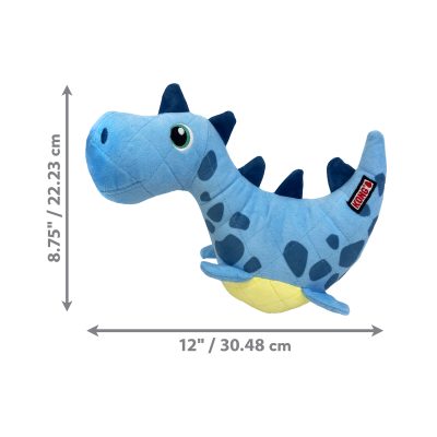 Pelúcia azul em forma de dinossauro com etiquetas KONG