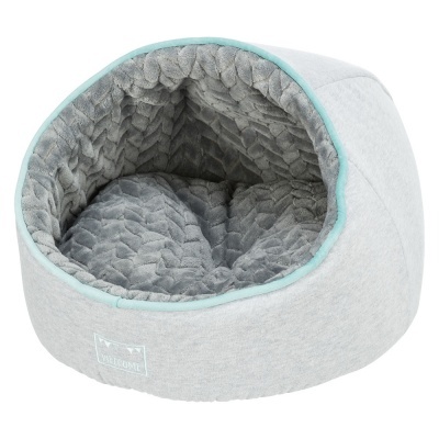 Cama para animais cinza acolchoada com ribete azul turquesa e etiqueta NATUROHOME