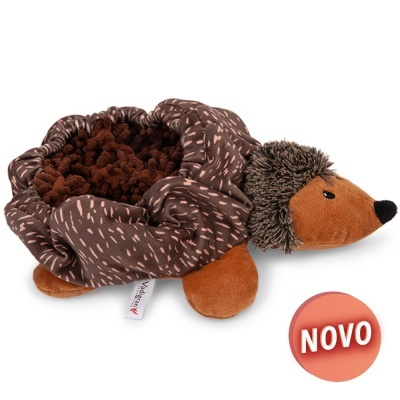 Cama para animais em forma de ouriço castanho com textura macia e selo NOVO