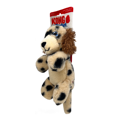 Brinquedo peluche de cão bege com manchas pretas e etiqueta KONG
