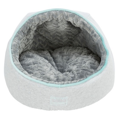 cama cinzenta para animal de estimação com interior acolchoado e etiqueta WELCOME