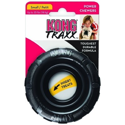 Brinquedo para cães KONG Traxx preto em embalagem com informação de tamanho e durabilidade.