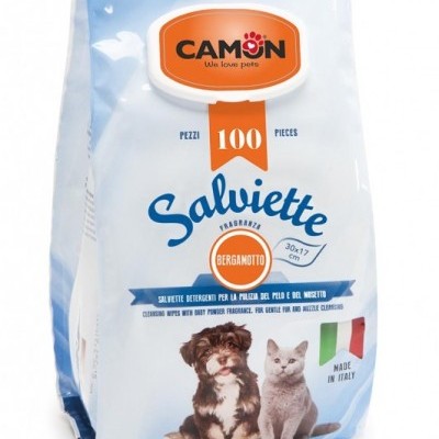 Pacote azul claro e branco de lenços umedecidos para animais CAMON com imagens de cão e gato