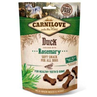 Snack para cães Carnilove Duck com alecrim em embalagem verde e bege