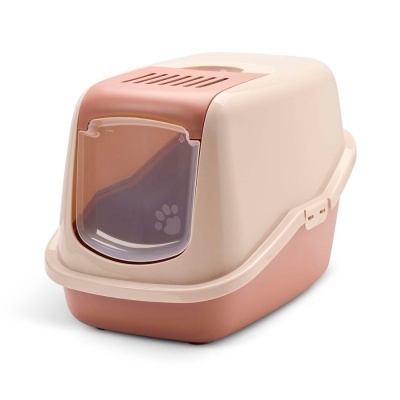 Casa de banho para gatos em plástico bege e rosa com porta translúcida e ventilação