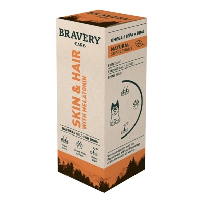 Embalagem de suplemento natural Bravery Care para cães, pele e cabelo, com Omega 3 e melatonina.