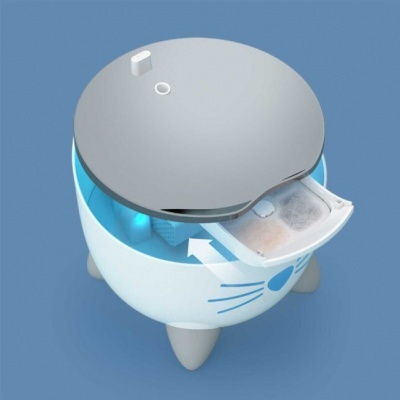 Robot aspirador branco com tampa cinzenta e gaveta aberta