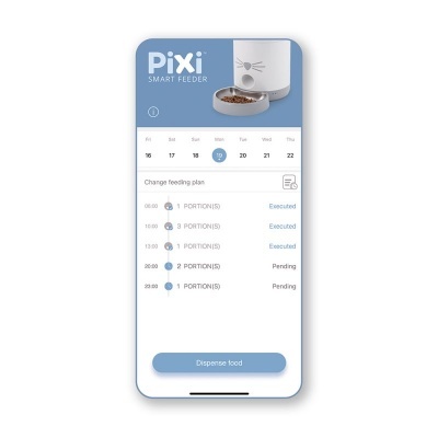 Interface do app PiXi SMART FEEDER para alimentar pets com plano de alimentação e botão.