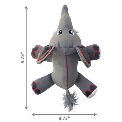 Pelúcia de elefante cinzento com detalhes vermelhos e olhos grandes