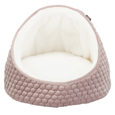 Cama para animais rosa claro com interior branco acolchoado em forma de caverna