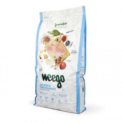 Saco branco e azul de ração Weego com imagem de frango e romã