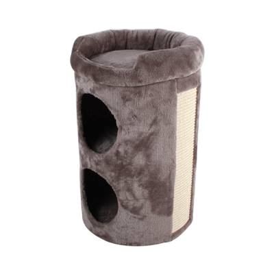 Toca cilíndrica para gatos em tecido castanho com painel de sisal para arranhar