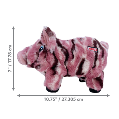 Pelúcia em forma de porco rosa e preta da KONG com olhos azuis