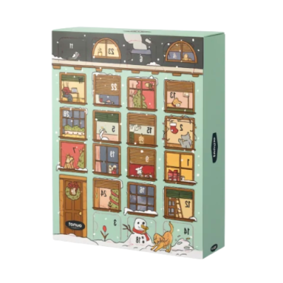 Calendário do advento com 24 portas e desenhos de gatos em fundos coloridos