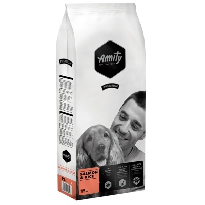 Saco branco de ração para cães Amity Premium com imagem de homem e cão, texto SALMON & RICE e 15 kg.