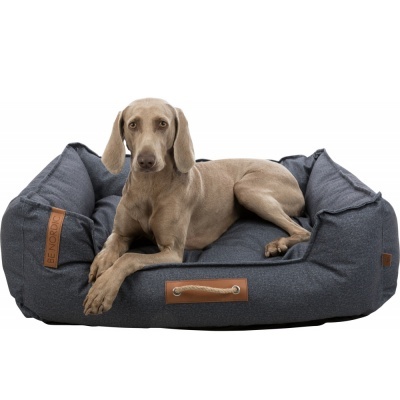 Cama para cão cinzenta escura com alças em pele e cão bege deitado