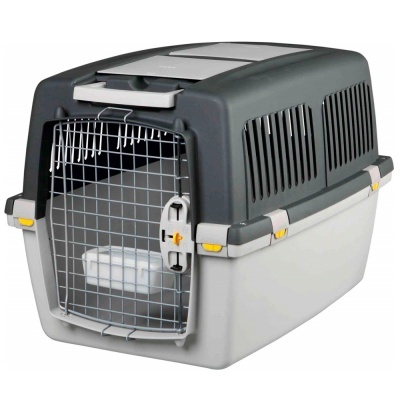 Transportadora para animais de estimação cinza com porta gradeada de metal