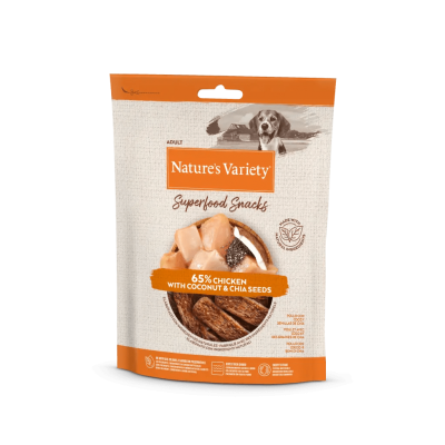 Pacote de snacks para cães Nature's Variety com frango, coco e sementes de chia