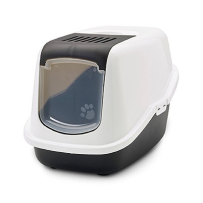 Caixa sanitária para gatos de plástico com porta basculante translúcida preta e branca
