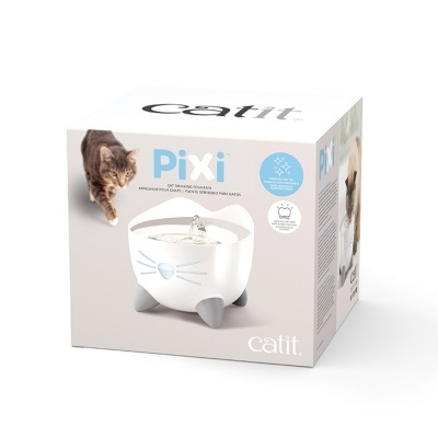 Embalagem do produto Catit Pixi fonte de água para gatos branca e cinza com imagem de um gato.